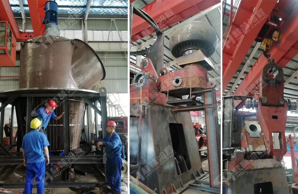 桂林鸿程立式磨粉机技术工人在生产车间组装立磨磨辊与选粉机